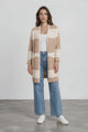 Heath Cardigan - Shawl Collar Open Front Checkered Cardigan in Beige/Camel