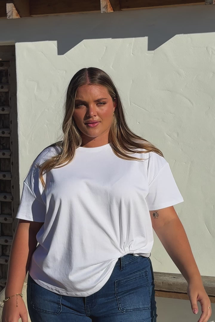 Tuck T-Shirt - Round Neckline Cotton Tee with Gathered Front Detail in White