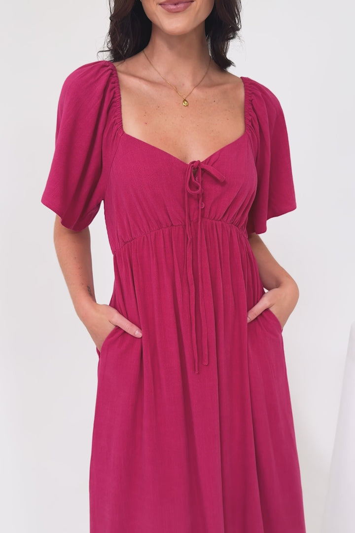 Henrietta Midi Dress - Sweetheart Neckline Short Sleeve Dress in Hot Pink