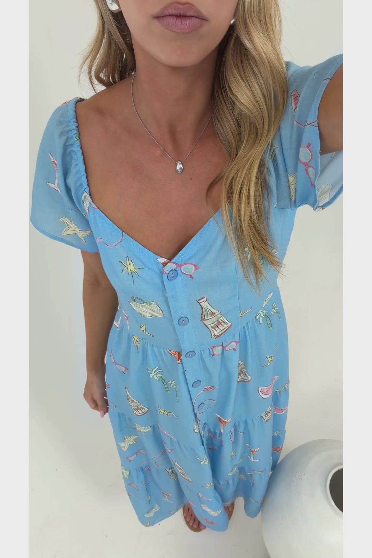 Billie Midi Dress - On or Off Shoulder Button Down Dress with Pockets in La Mer Print
