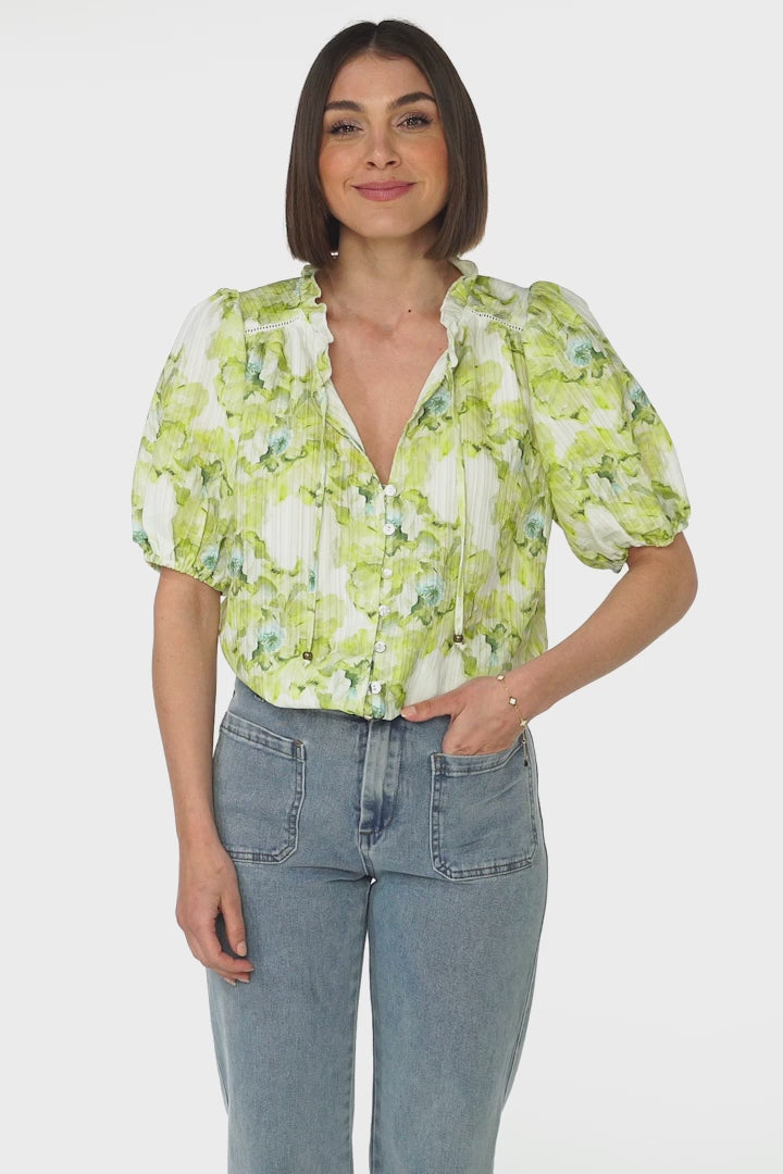 Neo Blouse - High Frill Collar Button Down in Franc Print Lime