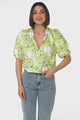 Neo Blouse - High Frill Collar Button Down Shirt in Franc Print Lime