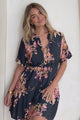 Apryl Mini Dress - Collared Short Sleeve Dress with Pull Tie Waist in Vela Print Navy