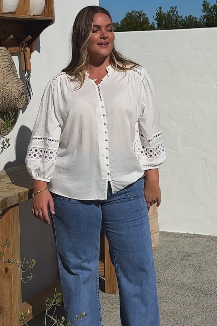 Alyce Shirt - Mandarin Collar Cut Out Detailed Sleeve Button Down in White