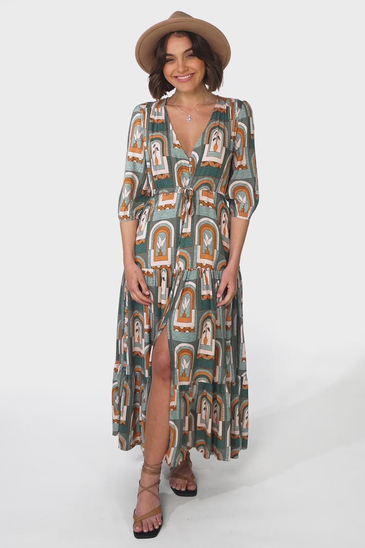 JAASE - Tessa Maxi Dress: A Line Pull Tie Waist Dress in Emerald Arches Print