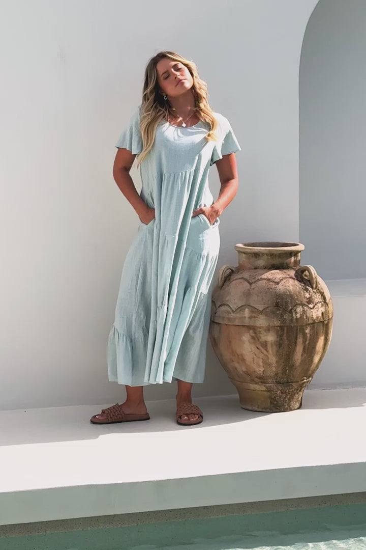 Allegra Midi Dress - Relaxed Asymmetric Tiered Linen Smock Dress in Sky Blue