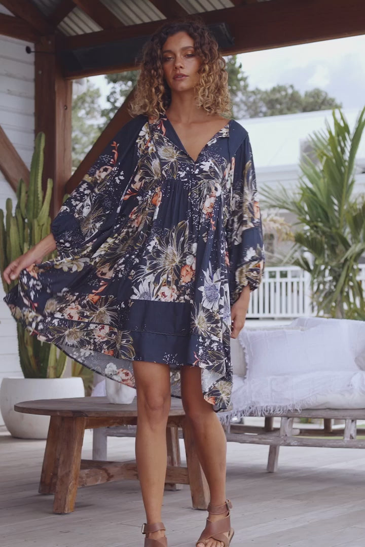 JAASE - Adela Mini Dress: Oversized Smock Dress with Batwing Sleeves in Indigo Print