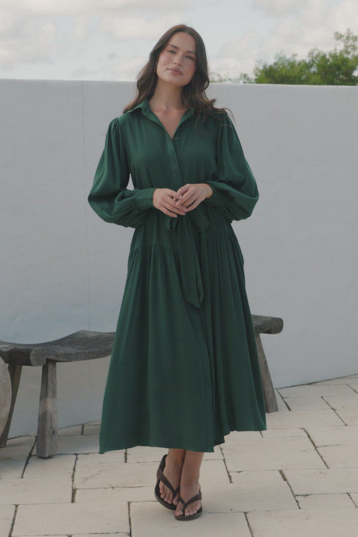 Skandi Midi Dress - Button Down Billow Sleeve Shirt Dress with Waist Tie in Emerald