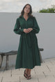 Skandi Midi Dress - Button Down Billow Sleeve Shirt Dress with Waist Tie in Emerald