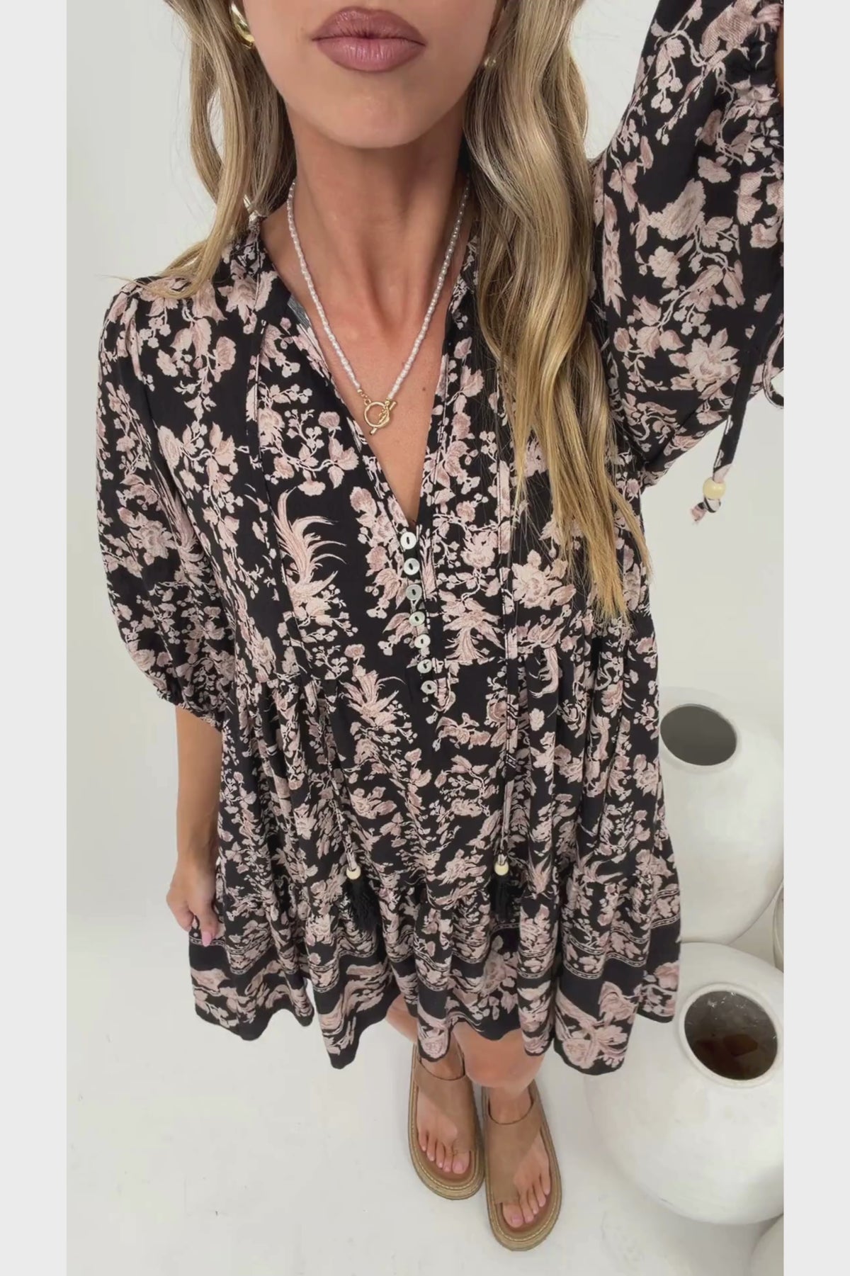 Marah Mini Dress - Mandarin Collar Short Sleeve with Tie Smock Dress in Rosette Print Black