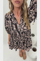 Marah Mini Dress - Mandarin Collar Short Sleeve with Tie Smock Dress in Rosette Print Black