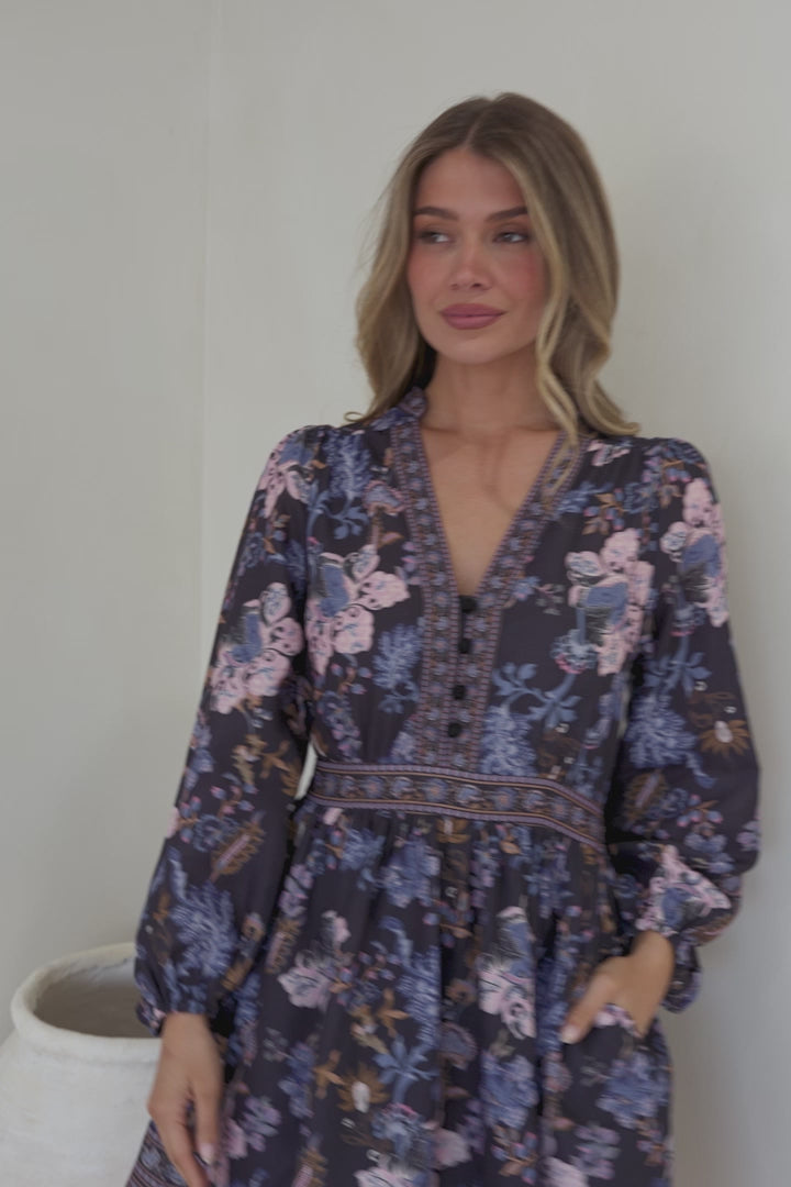 Biondi Mini Dress - Deep V-Neck A-Line Mini with Balloon Sleeves in Luella Print