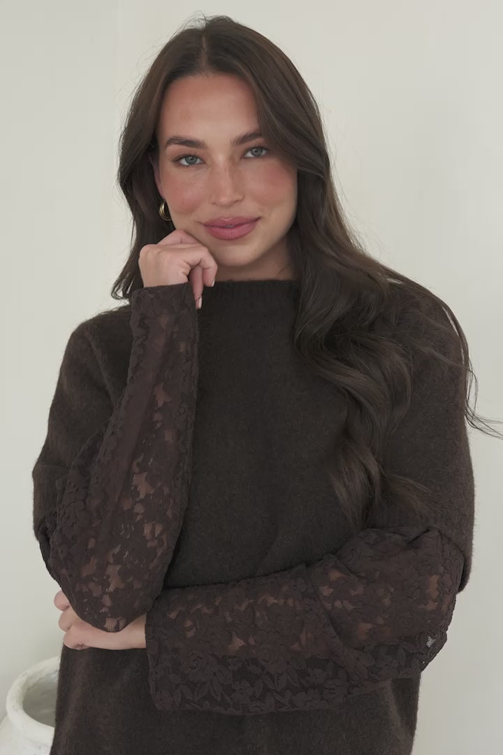 Calloway Knit Top - Crew Neck Knit with Lace Sleeve Inserts in Chocolate