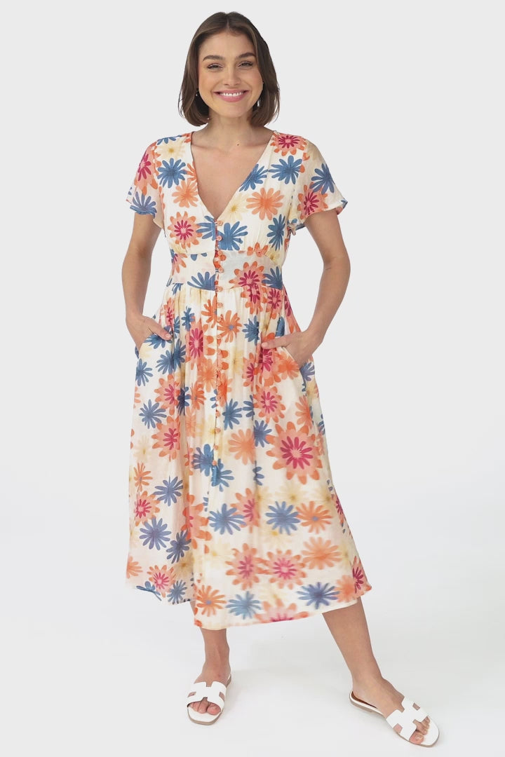 Aurelia Midi Dress - V Neckline Cap Sleeve Button Down A Line Dress in Mariela Print