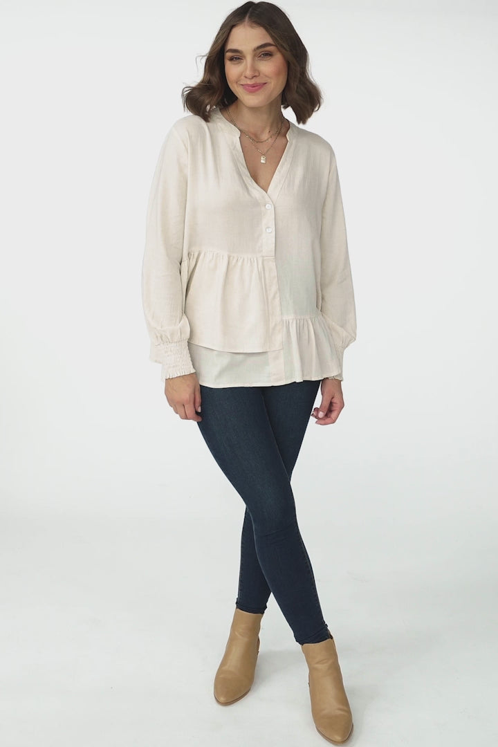 Nell Linen Top - A-Symmetric Detailed Button Down Shirt in Oat