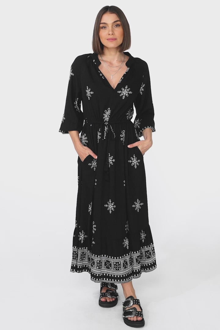 Sullivan Midi Dress - Mandarin Collar 3/4 Sleeve Dress with Pull Tie Waist in Lula Print Black