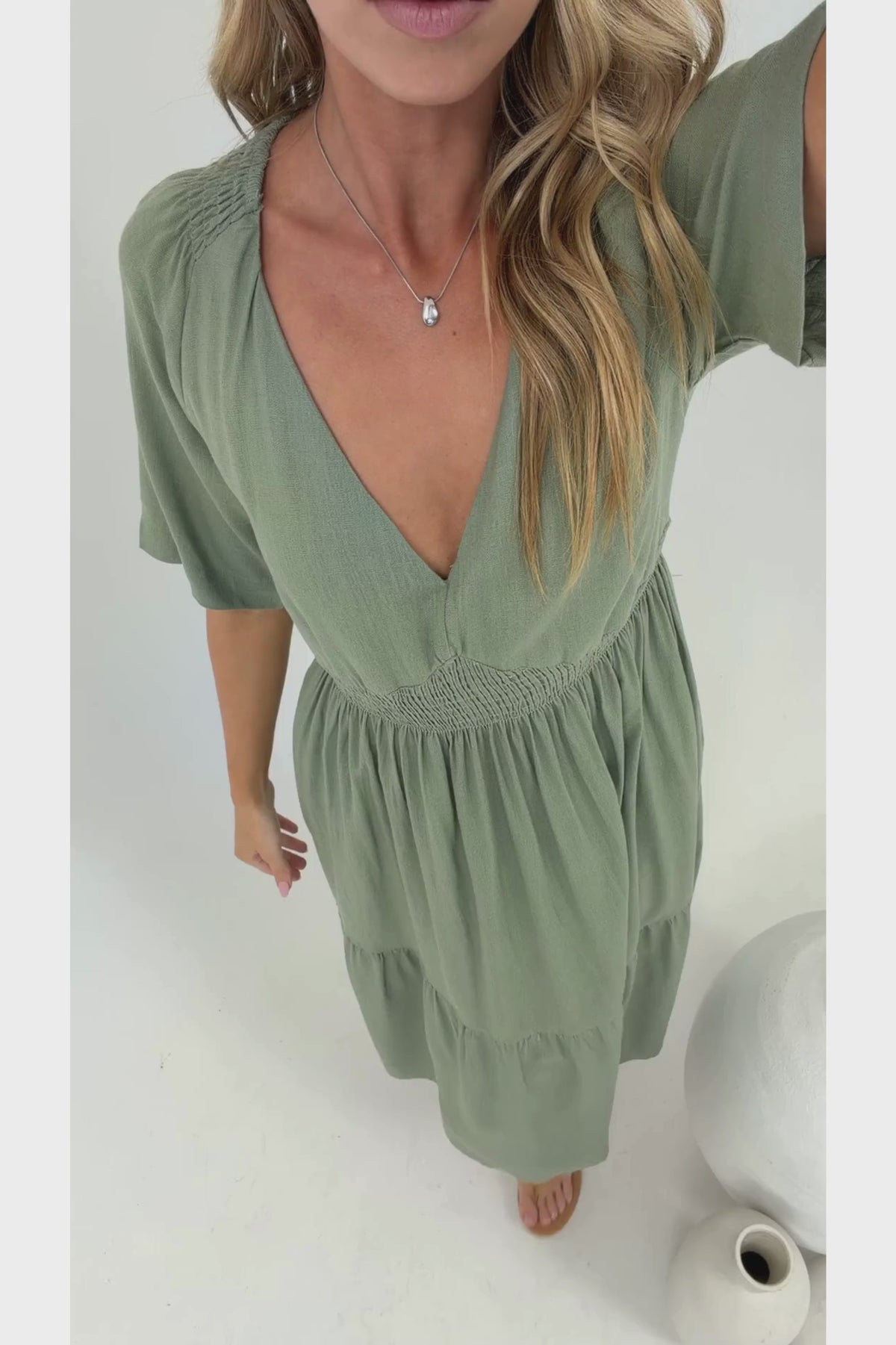 Savannah Midi Dress - V Neck Shirred Waist A Line Linen Dress with Short Sleeves in Khaki