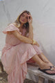 Narissa Maxi Dress - A-Line Dress with Lace Splicing and Flutter Sleeves in Blush