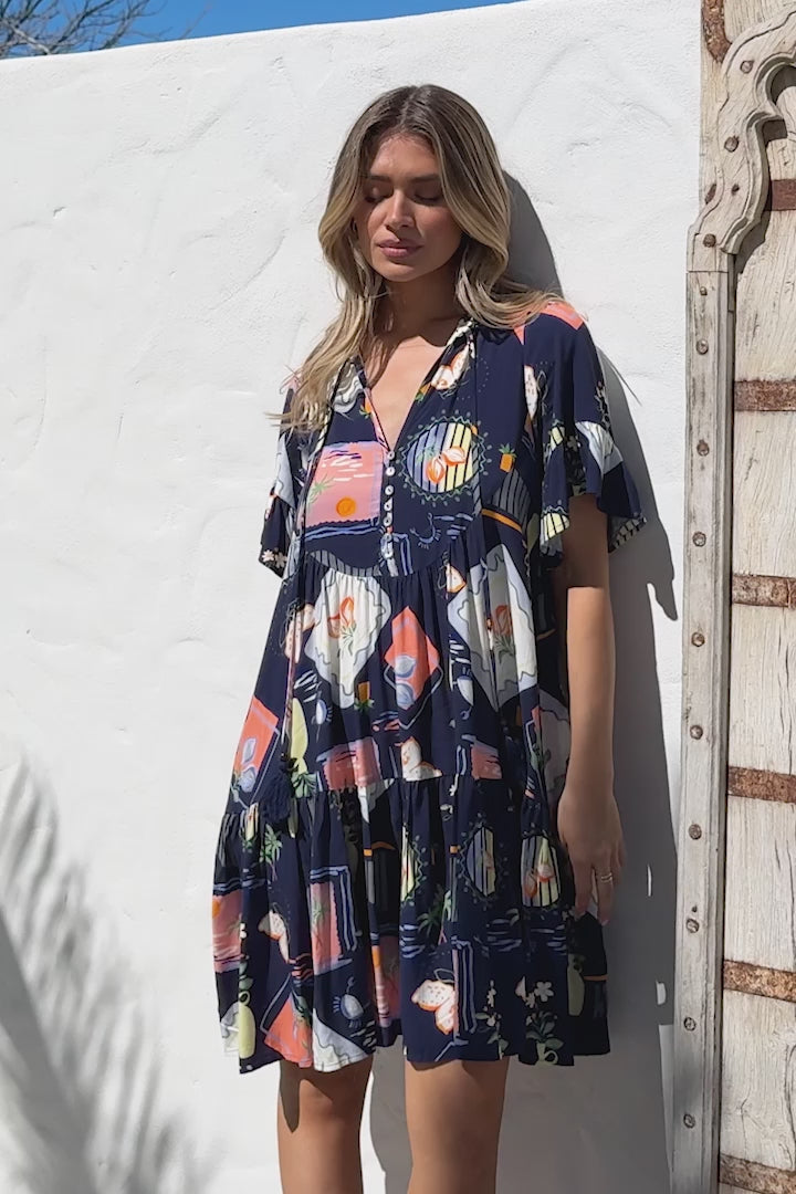 Monique Mini Dress - Mandarin Collar Smock Dress in Kalil Print Navy
