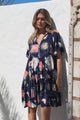 Monique Mini Dress - Mandarin Collar Smock Dress in Kalil Print Navy