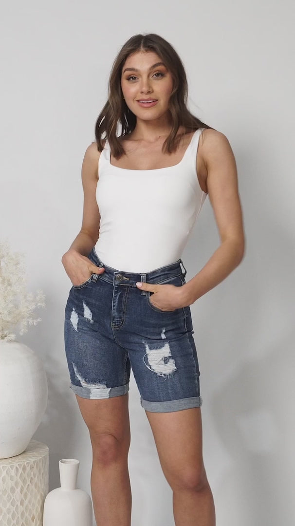 Georgia Distressed Detail Long Denim Shorts in Dark Denim