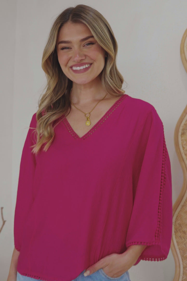 Brandi Top - Crochet Trim V-Neck Pull Over in Hot Pink