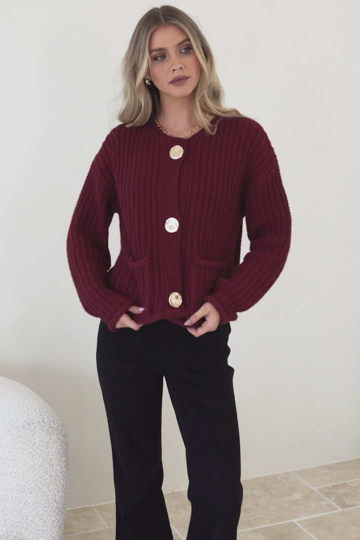 Clara Cardigan - Cable Knit Chunky Gold Buttoned Cardigan in Wine
