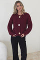 Clara Cardigan - Cable Knit Chunky Gold Buttoned Cardigan in Wine