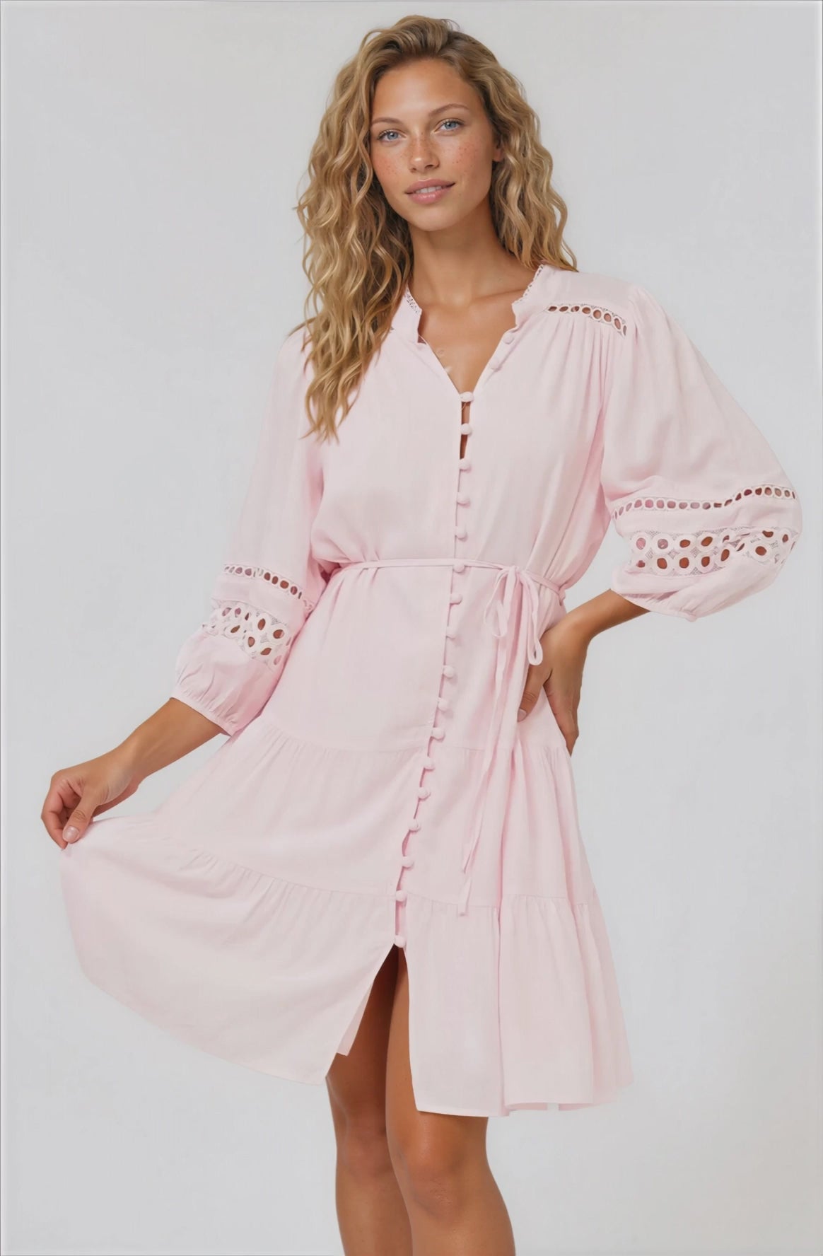 Alyce Mini Dress - Button Down Dress with Cut Out Detailed Sleeves and Matching Belt in Pink