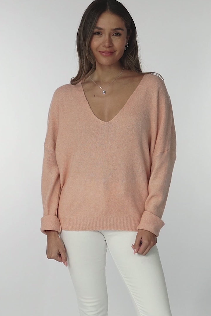Carol Knit Top - Soft V Neck Batwing Sleeve Knit Top in Peach