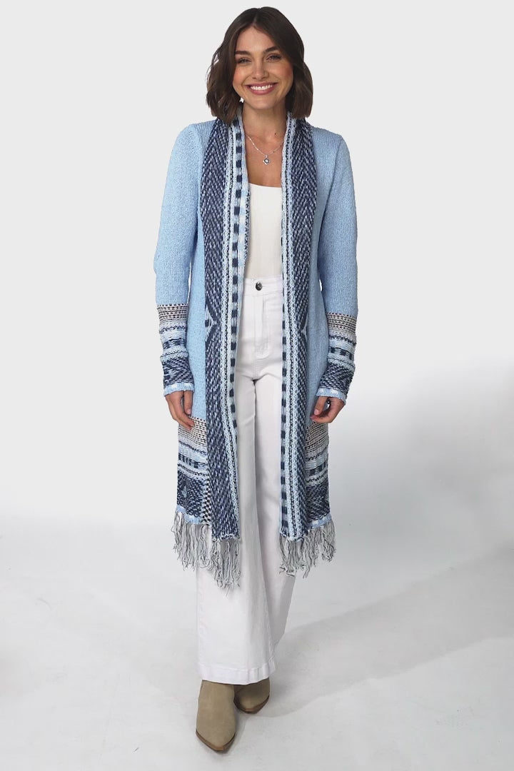 Bianca Cardigan - Open Front Graphic Border Print with Tassel Hemline in Blue