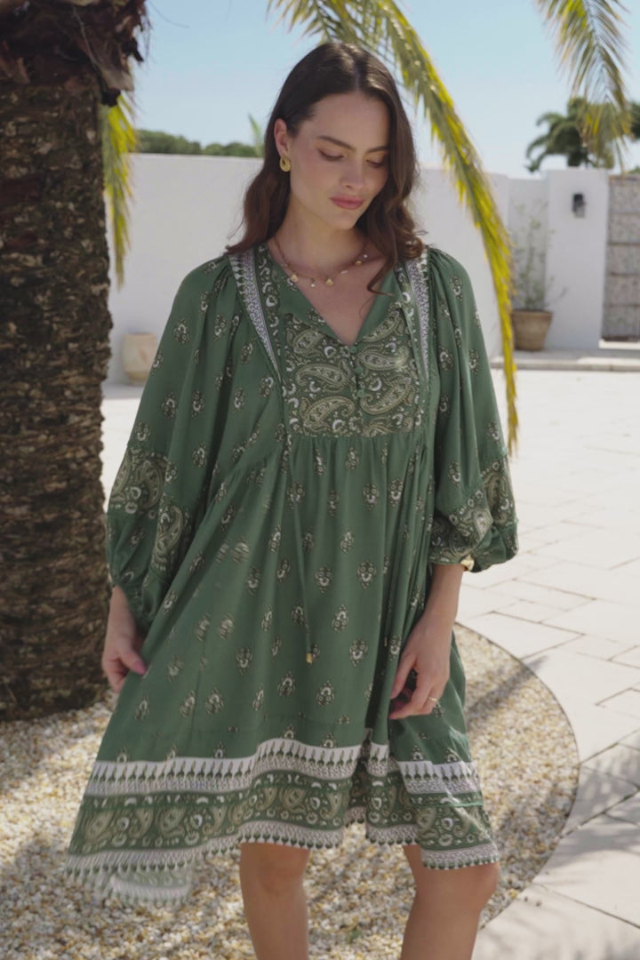 Adela Mini Dress - Oversized Smock Dress with Batwing Sleeves in Viridian Print