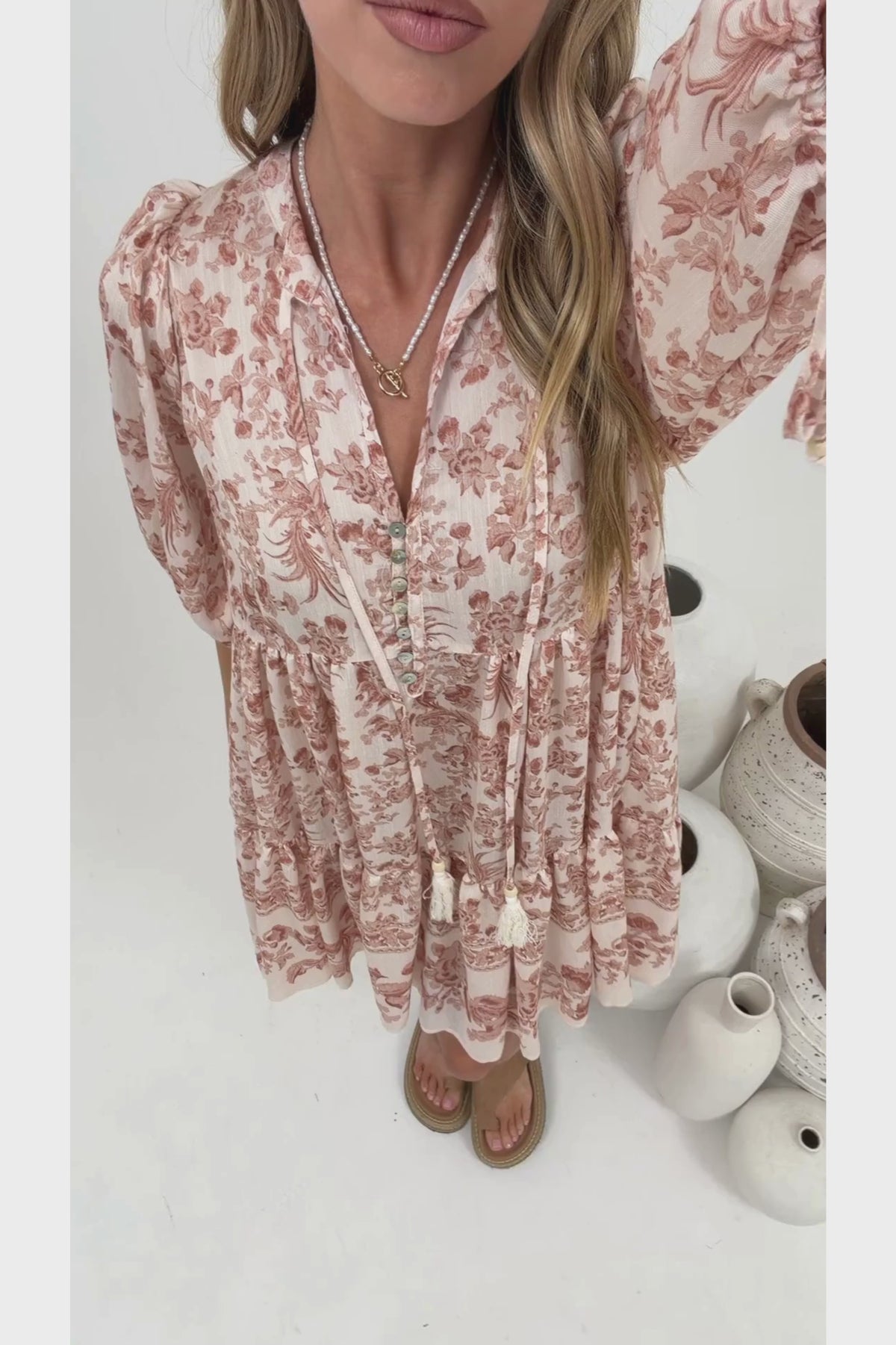 Marah Mini Dress - Mandarin Collar Short Sleeve with Tie Smock Dress in Rosette Print Beige