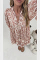 Marah Mini Dress - Mandarin Collar Short Sleeve with Tie Smock Dress in Rosette Print Beige
