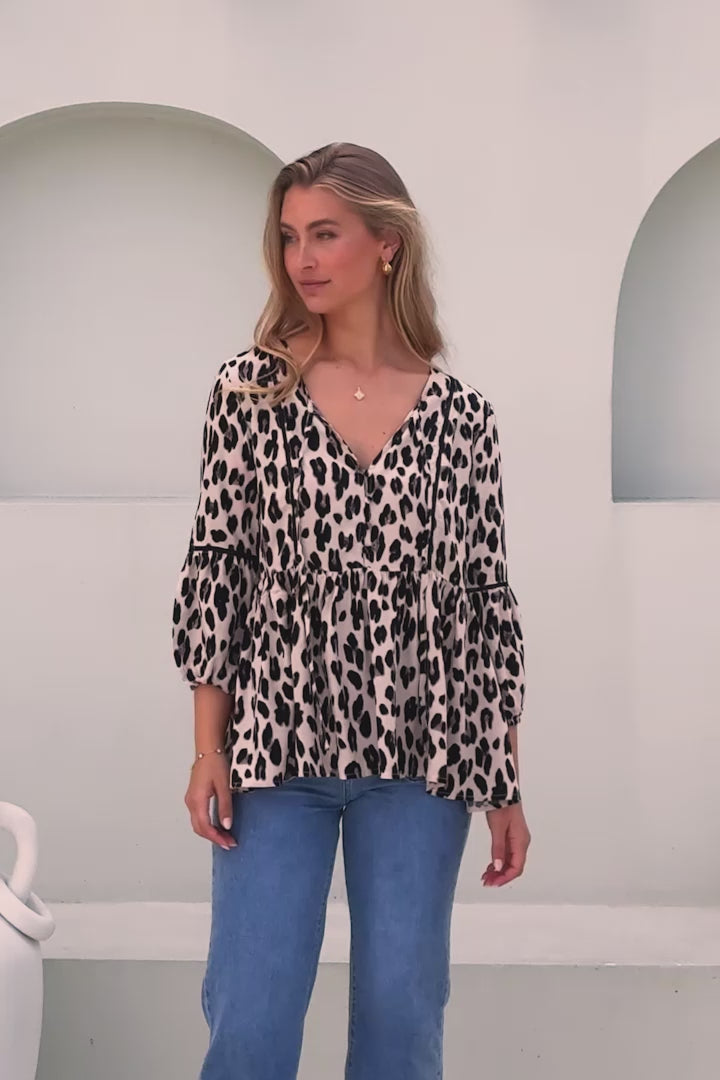 Dido Top - 3/4 Sleeve Smock Top with Lattice Inserts in Leopard