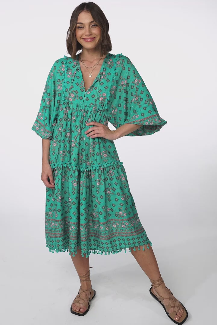 JAASE - Palace Midi Dress: Pom Pom Spliced Batwing Sleeve Dress with Neck Tie in Evergreen Print