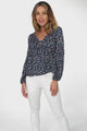 Grace Top - V-Neck Button Decal Long Sleeve Smock Top in Ellen Print Navy