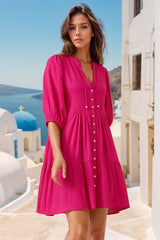 Lea Mini Dress - 3/4 Sleeve Babydolll Dress in Hot Pink