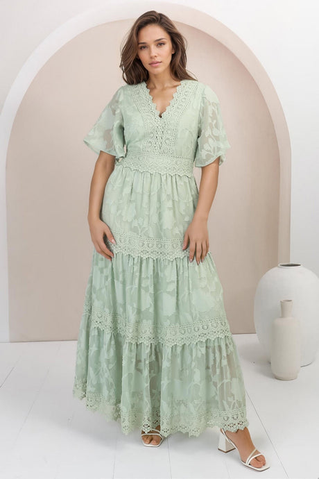 Madeline Maxi Dress - Lace Trim Embroidered A Line Dress in Mint