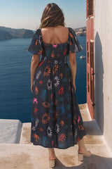 Shira Midi Dress - On Or Off Shoulder Elasticated Bodice Dress With Short Balloon Sleeves In Kalista Print Navy