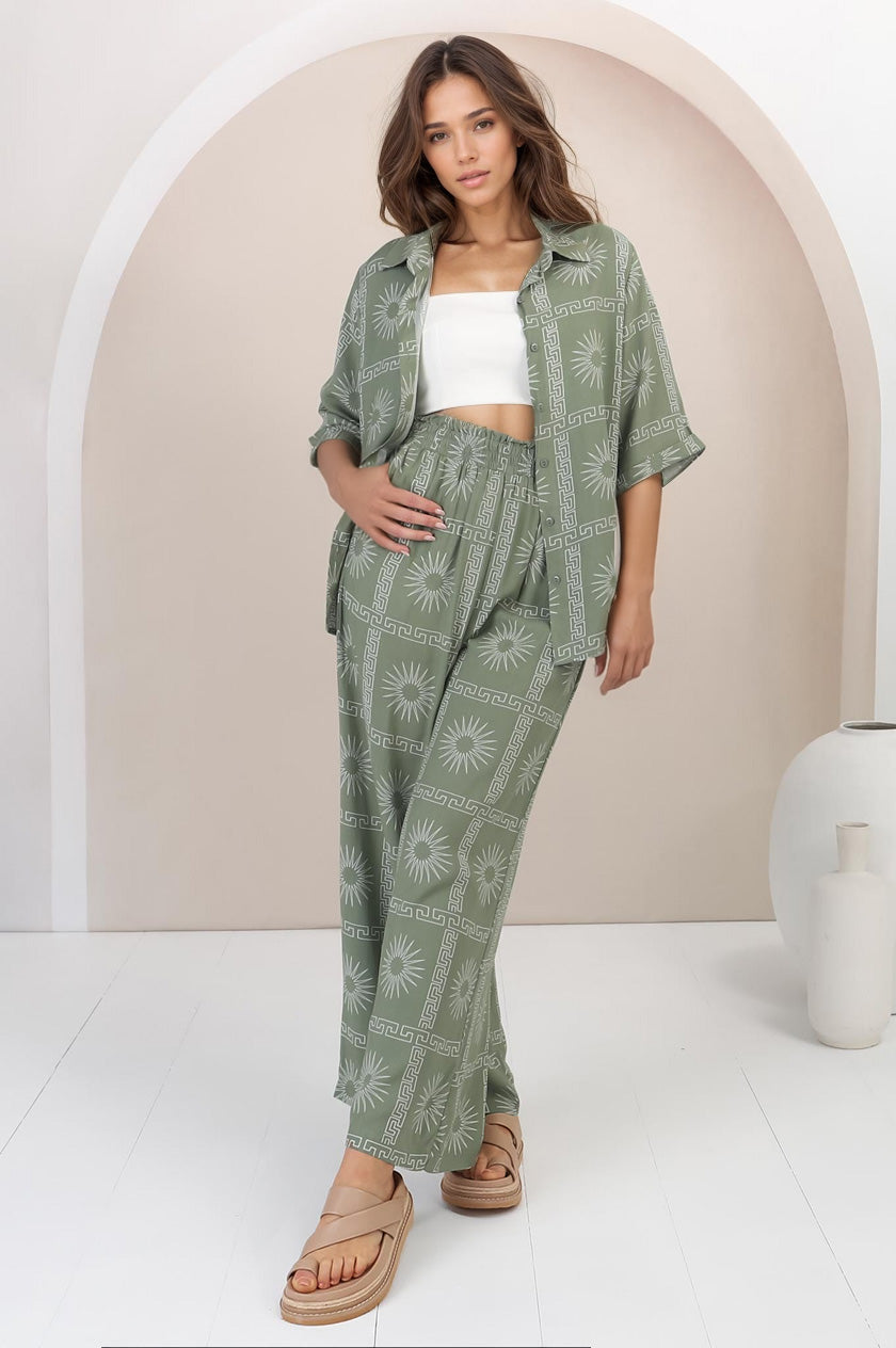 Rayane Collared Shirt and Pants Set - Astra Print in Green