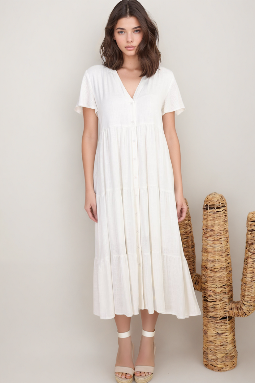 Milla Midi Dress - Tiered Cap Sleeve Button Down Linen Dress in White