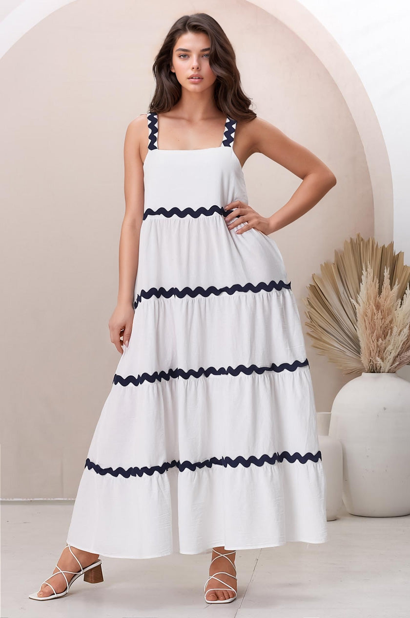 Bailie Maxi Dress - Rick Rack Detailed Sun Dress with Pockets in White