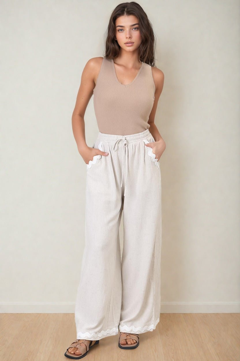 Bailie Linen Pants - Rick Rack Detailed Straight Leg Pants in Oat