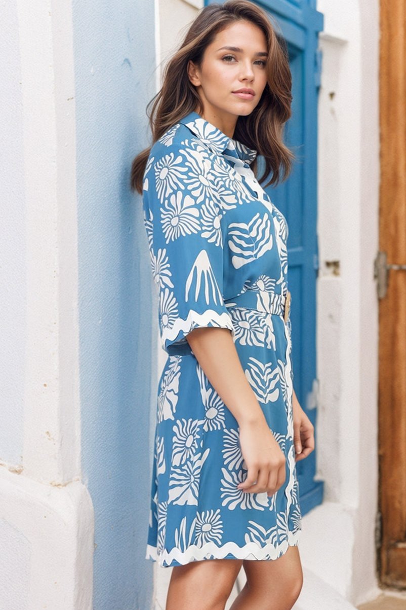 Achelle Mini Dress - Rick Rack Detailed Collared Shirt Dress with Belt in Lakin Print Blue