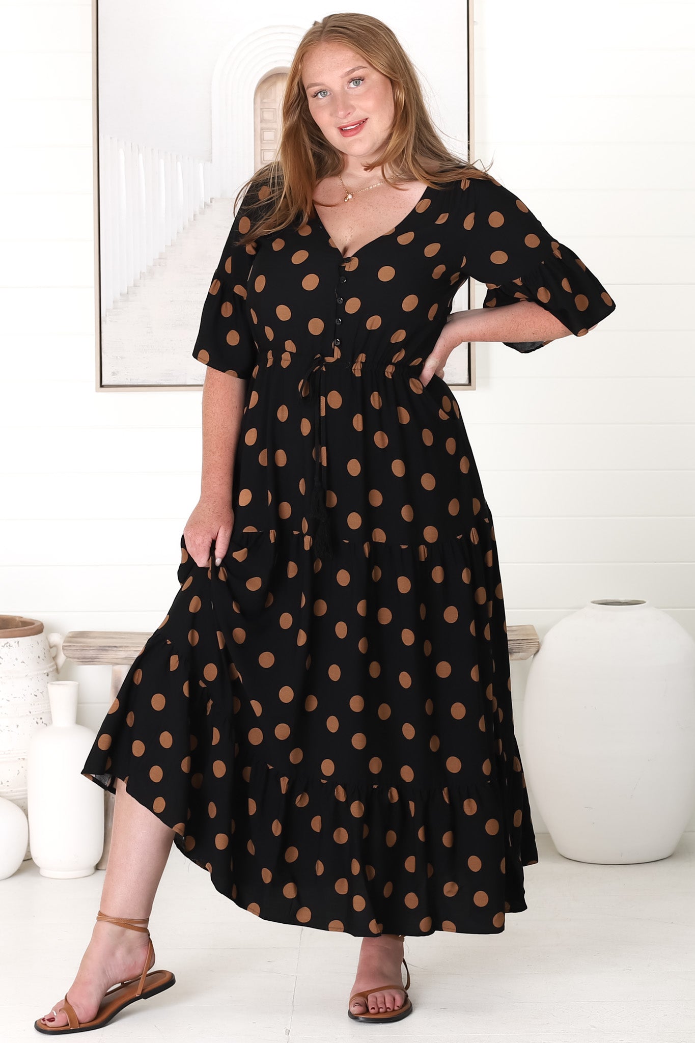 Rae Maxi Dress - Buttoned Bodice Pull Waist A Line Dress in Mahony Print