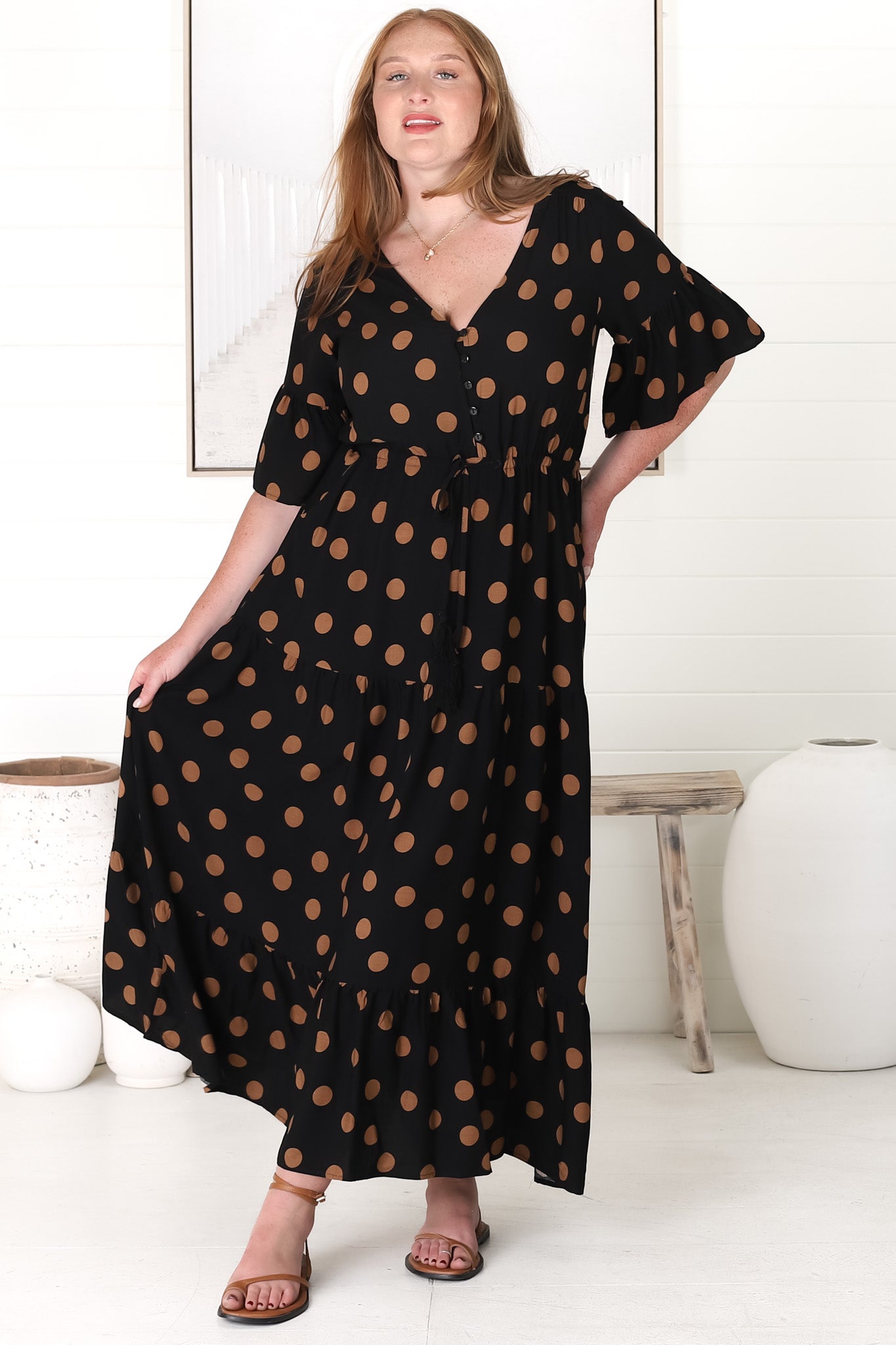 Rae Maxi Dress - Buttoned Bodice Pull Waist A Line Dress in Mahony Print