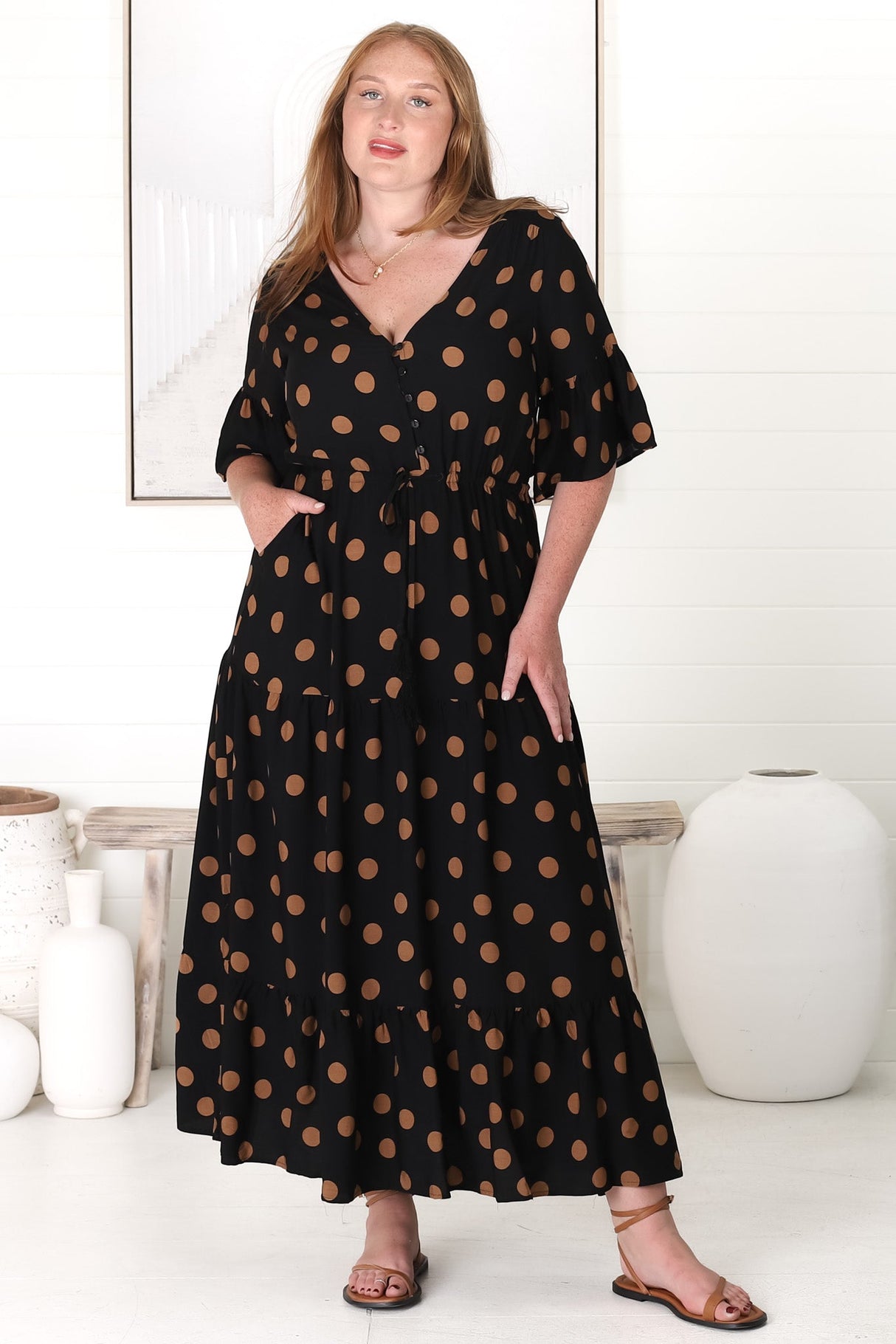 Rae Maxi Dress - Buttoned Bodice Pull Waist A Line Dress in Mahony Print