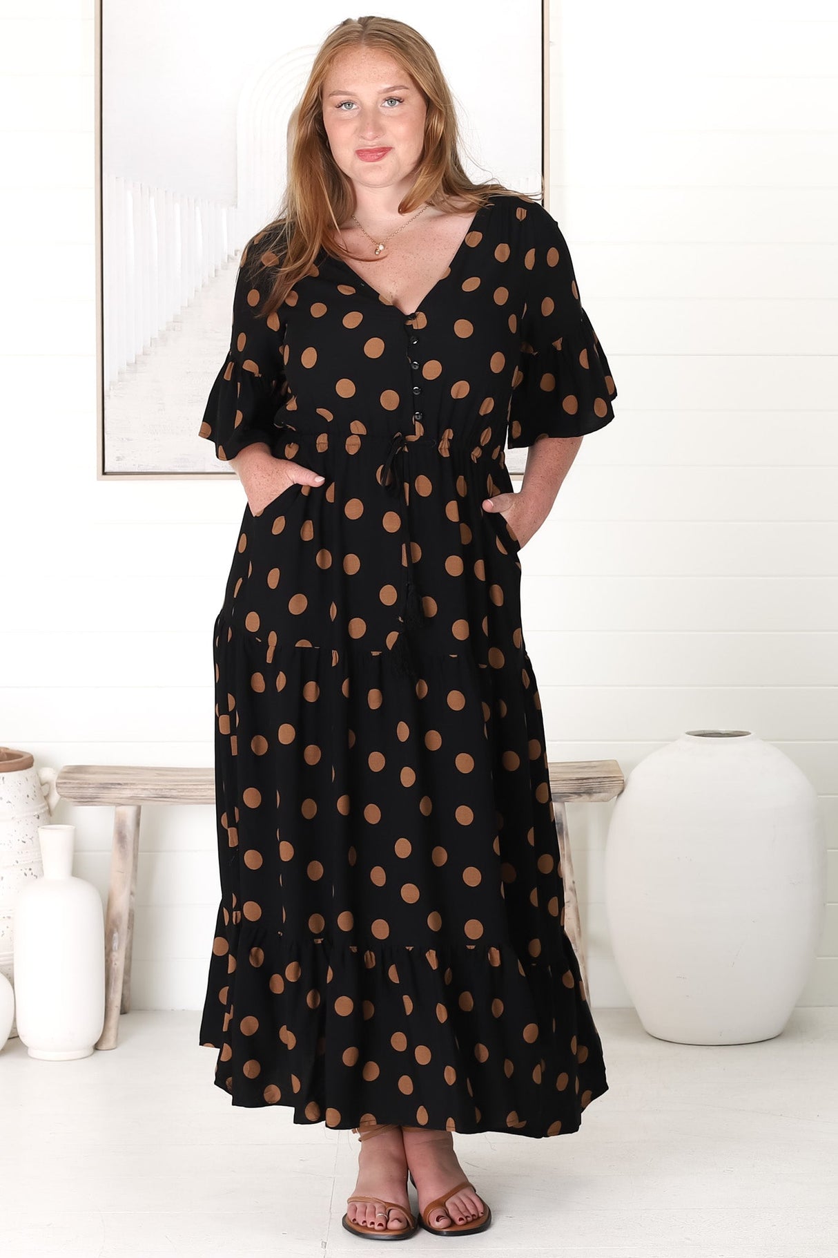 Rae Maxi Dress - Buttoned Bodice Pull Waist A Line Dress in Mahony Print