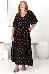 Rae Maxi Dress - Buttoned Bodice Pull Waist A Line Dress in Mahony Print